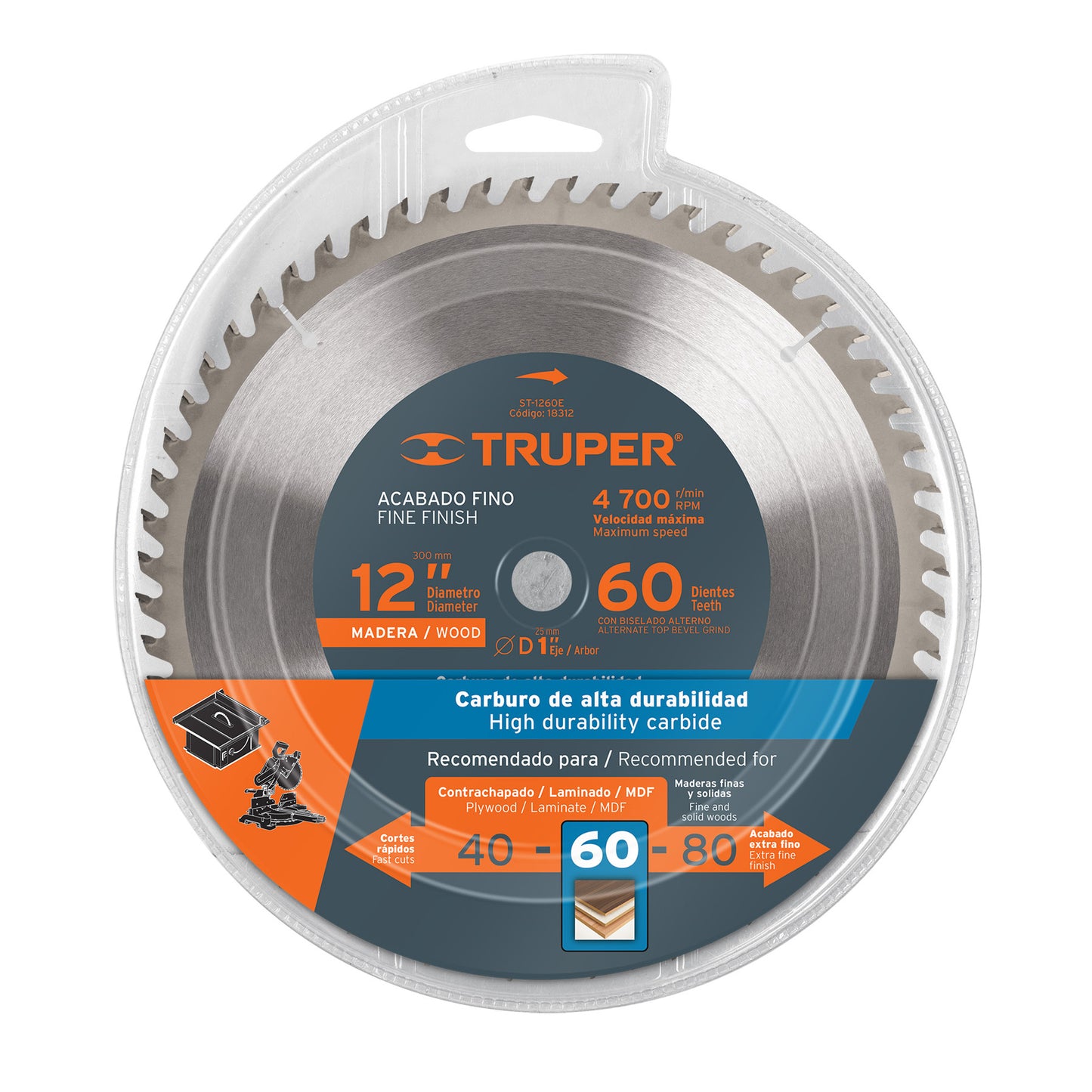 Disco sierra para madera de 12 pulgadas con 60 dientes y centro de 1 pulgada