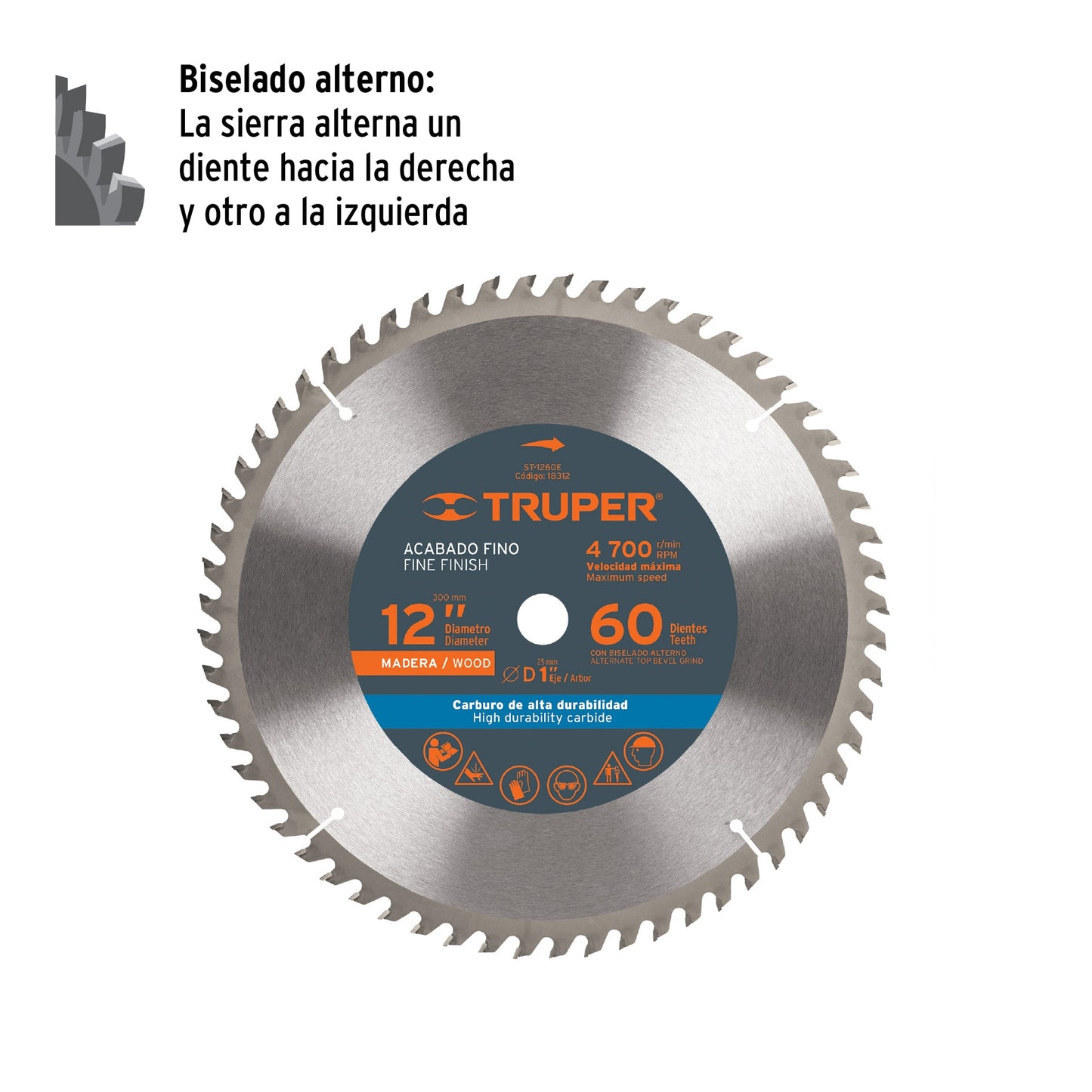 Disco sierra para madera de 12 pulgadas con 60 dientes y centro de 1 pulgada