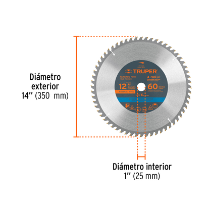Disco sierra para madera de 12 pulgadas con 60 dientes y centro de 1 pulgada