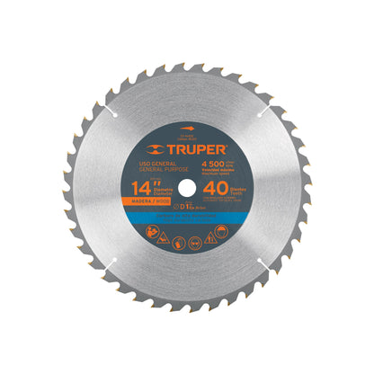 Disco sierra para madera de 14 pulgadas con 40 dientes y centro de 1 pulgada