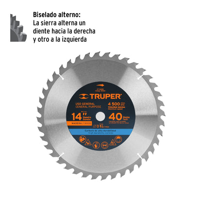 Disco sierra para madera de 14 pulgadas con 40 dientes y centro de 1 pulgada
