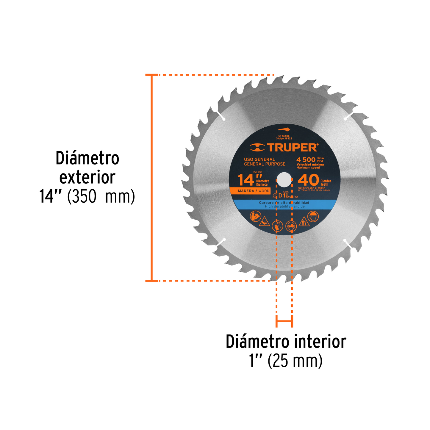 Disco sierra para madera de 14 pulgadas con 40 dientes y centro de 1 pulgada
