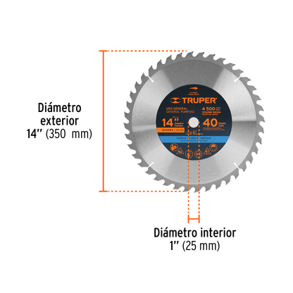 Disco sierra para madera de 14 pulgadas con 40 dientes y centro de 1 pulgada
