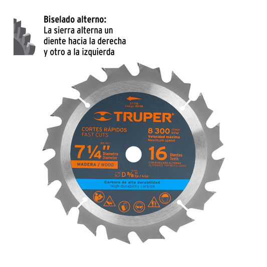 Disco de sierra de 7 1/4 pulgadas con 16 dientes de carburo y centro de 5/8 pulgadas
