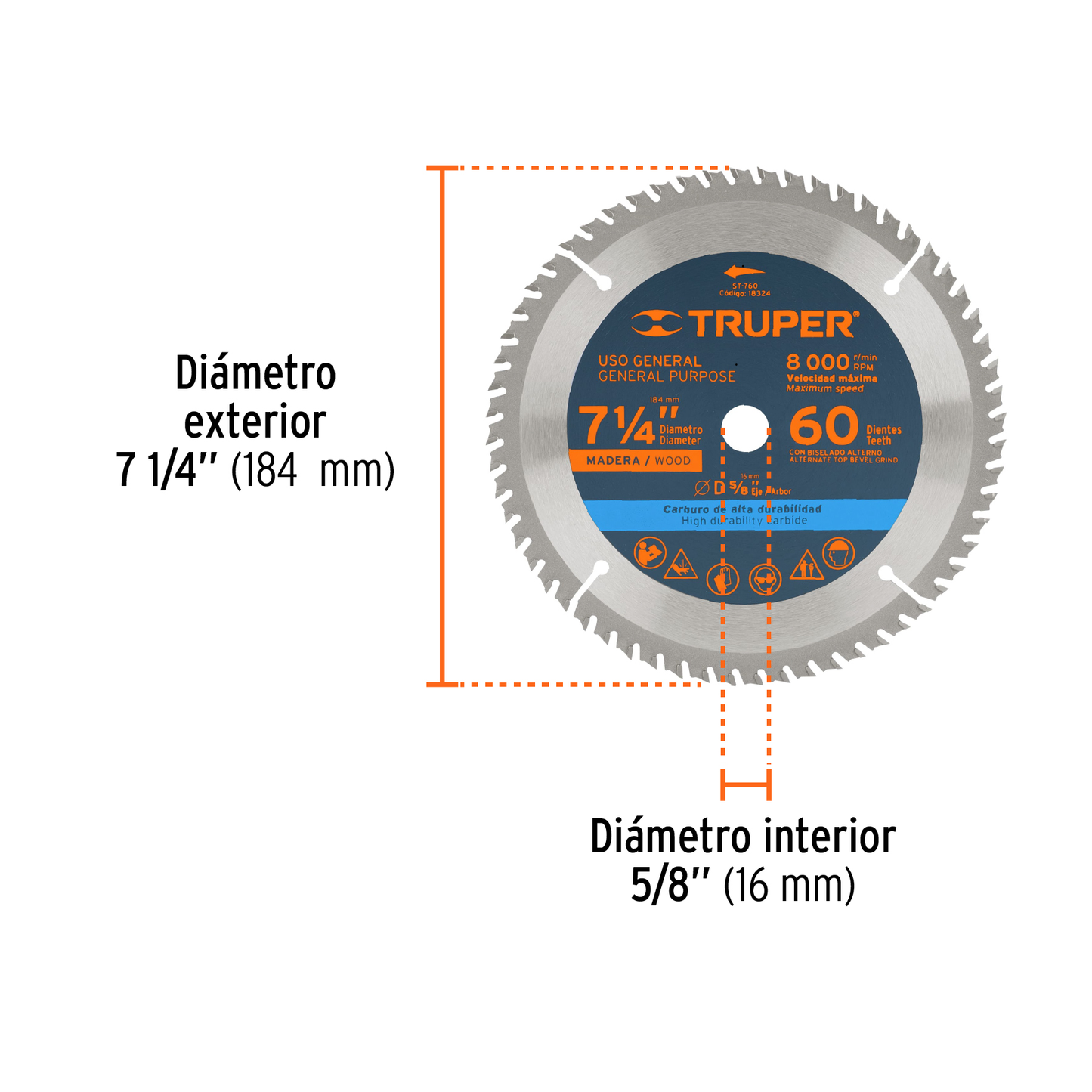 Disco de sierra de 7 1/4 pulgadas con 16 dientes de carburo y centro de 5/8 pulgadas
