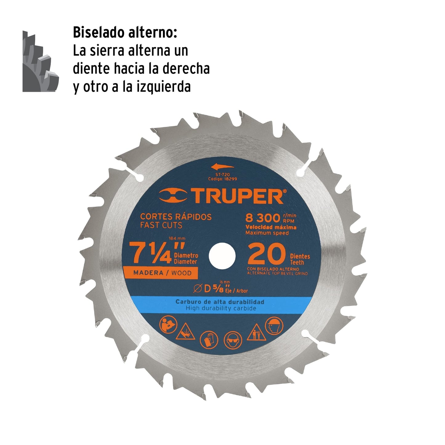 Disco de sierra de 7 1/4 pulgadas con 20 dientes de carburo y centro de 5/8 pulgadas
