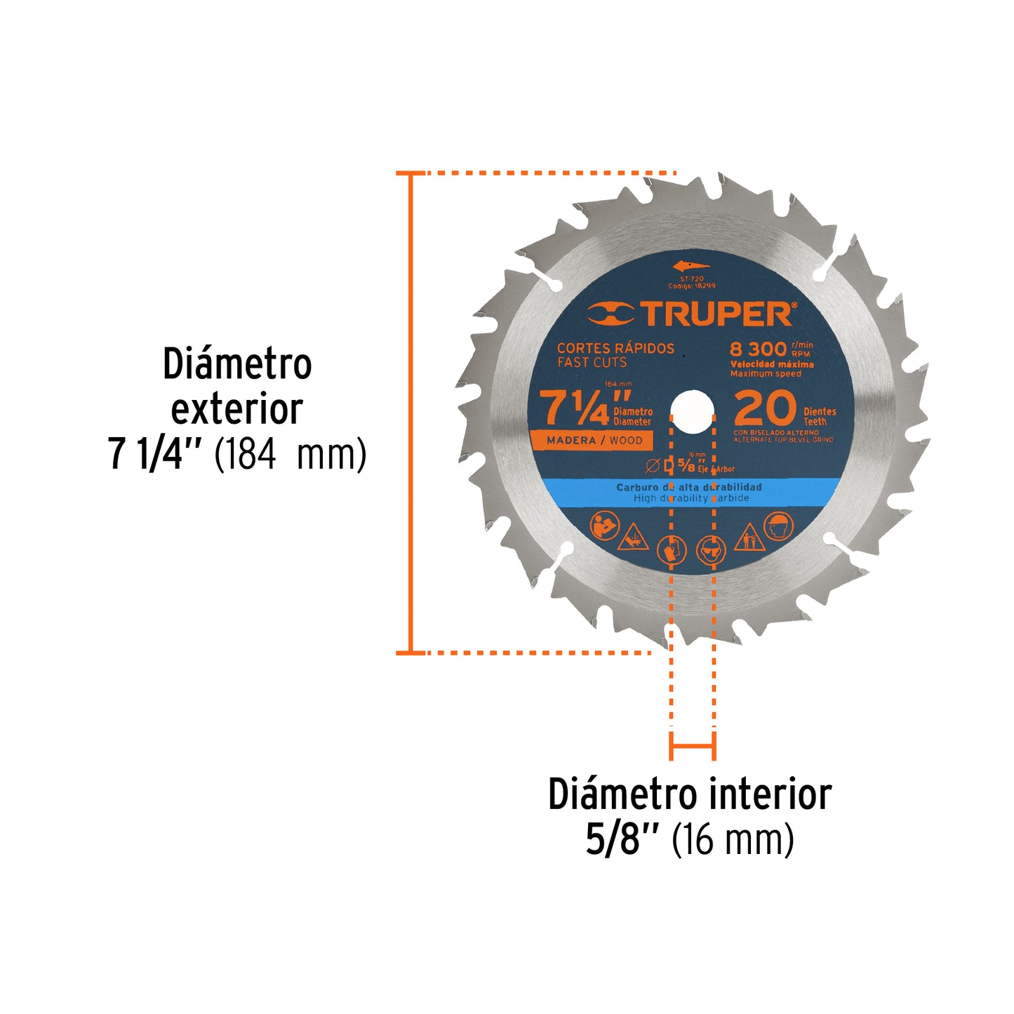 Disco de sierra de 7 1/4 pulgadas con 20 dientes de carburo y centro de 5/8 pulgadas