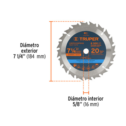 Disco de sierra de 7 1/4 pulgadas con 20 dientes de carburo y centro de 5/8 pulgadas