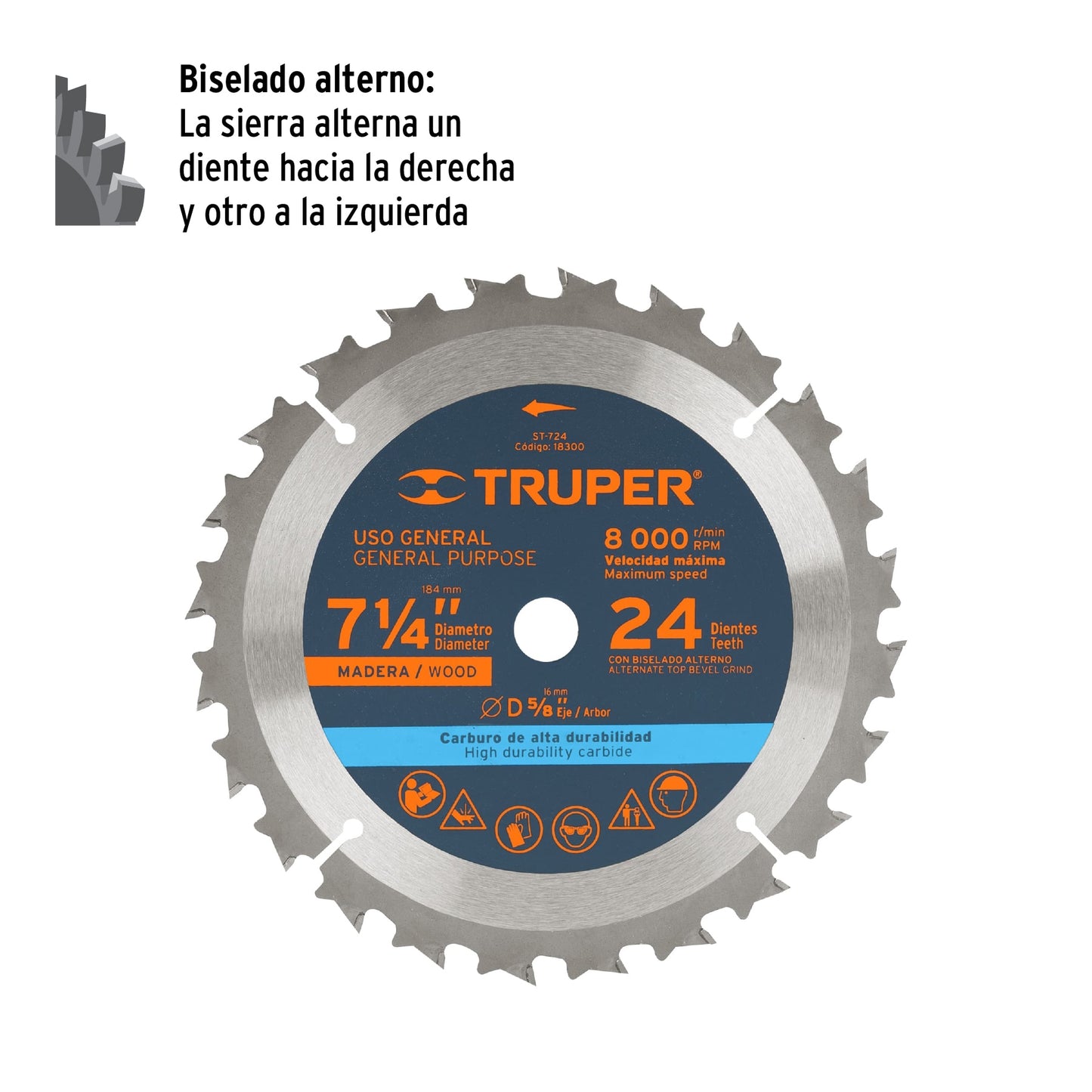 Disco de sierra de 7 1/4 pulgadas con 24 dientes de carburo y centro de 5/8 pulgadas