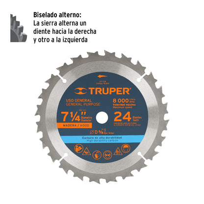 Disco de sierra de 7 1/4 pulgadas con 24 dientes de carburo y centro de 5/8 pulgadas