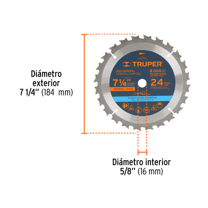 Disco de sierra de 7 1/4 pulgadas con 24 dientes de carburo y centro de 5/8 pulgadas