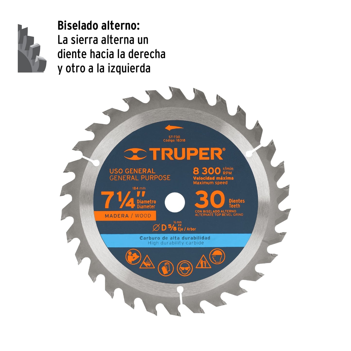 Disco de sierra de 7 1/4 pulgadas con 30 dientes de carburo y centro de 5/8 pulgadas