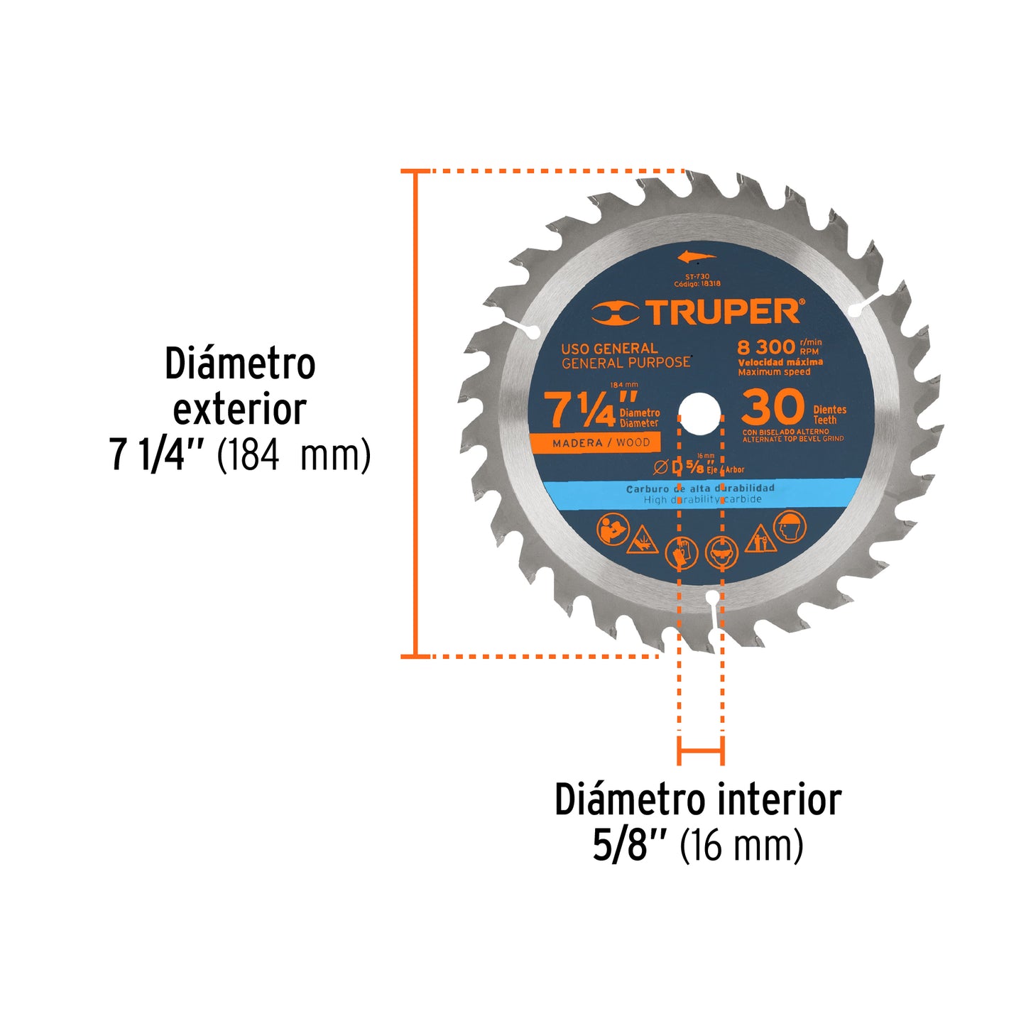Disco de sierra de 7 1/4 pulgadas con 30 dientes de carburo y centro de 5/8 pulgadas