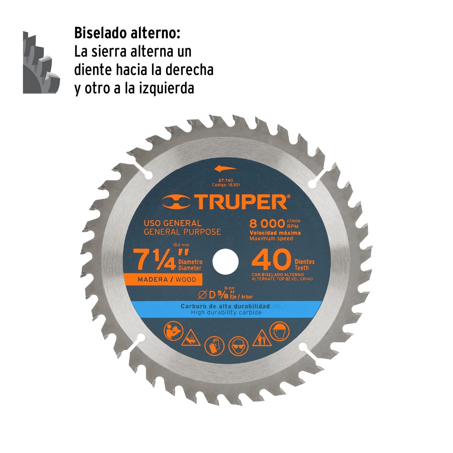 Disco de sierra de 7 1/4 pulgadas con 40 dientes de carburo y centro de 5/8 pulgadas