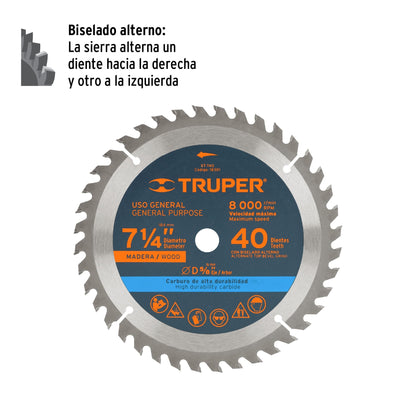 Disco de sierra de 7 1/4 pulgadas con 40 dientes de carburo y centro de 5/8 pulgadas