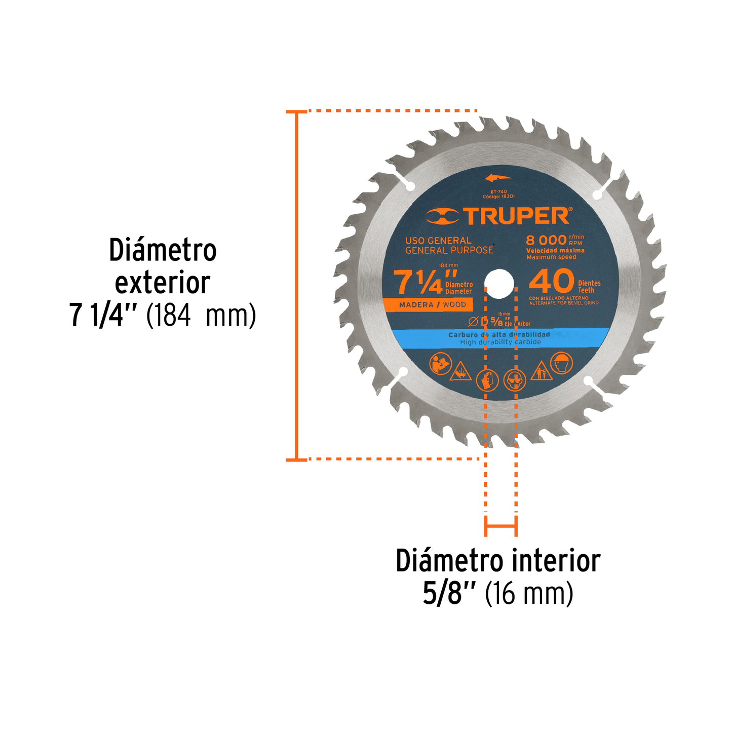 Disco de sierra de 7 1/4 pulgadas con 40 dientes de carburo y centro de 5/8 pulgadas