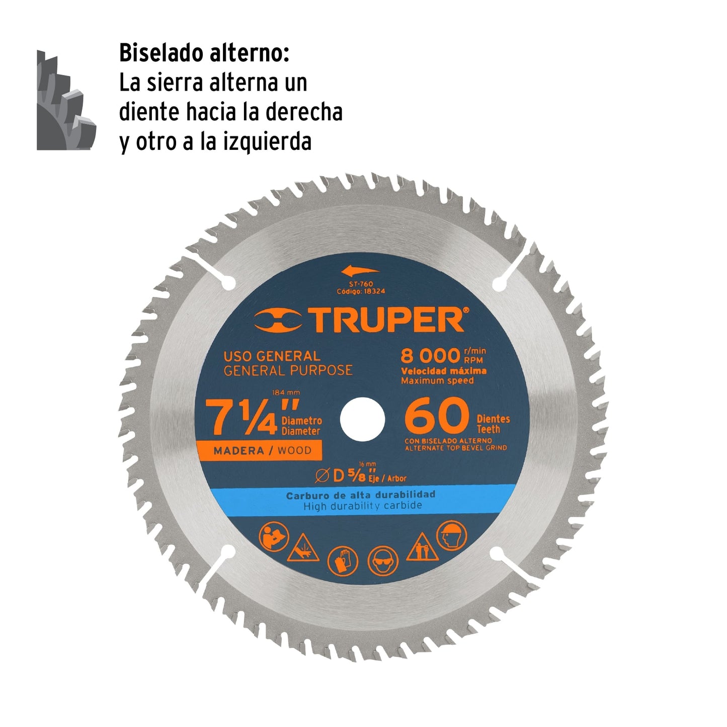 Disco de sierra de 7 1/4 pulgadas con 60 dientes de carburo y centro de 5/8 pulgadas