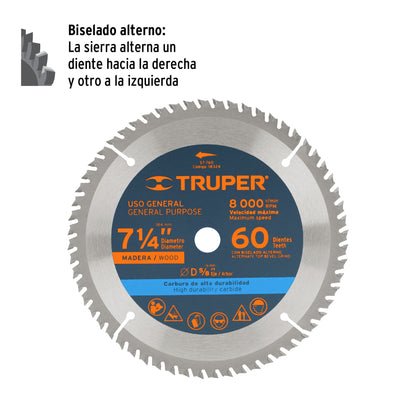 Disco de sierra de 7 1/4 pulgadas con 60 dientes de carburo y centro de 5/8 pulgadas