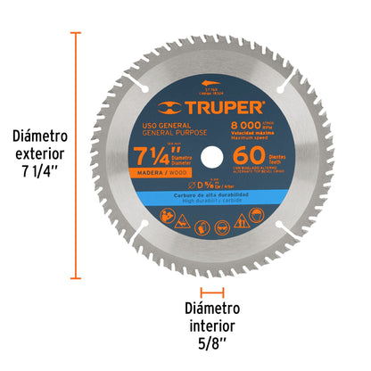 Disco de sierra de 7 1/4 pulgadas con 60 dientes de carburo y centro de 5/8 pulgadas