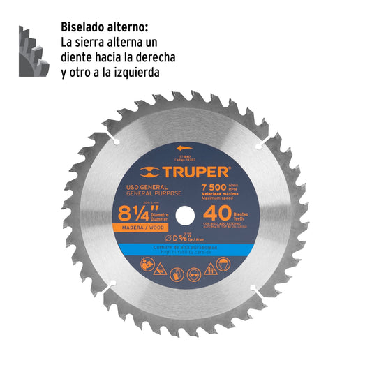 Disco de sierra de 8 1/4 pulgadas con 40 dientes de carburo y centro de 5/8 pulgadas