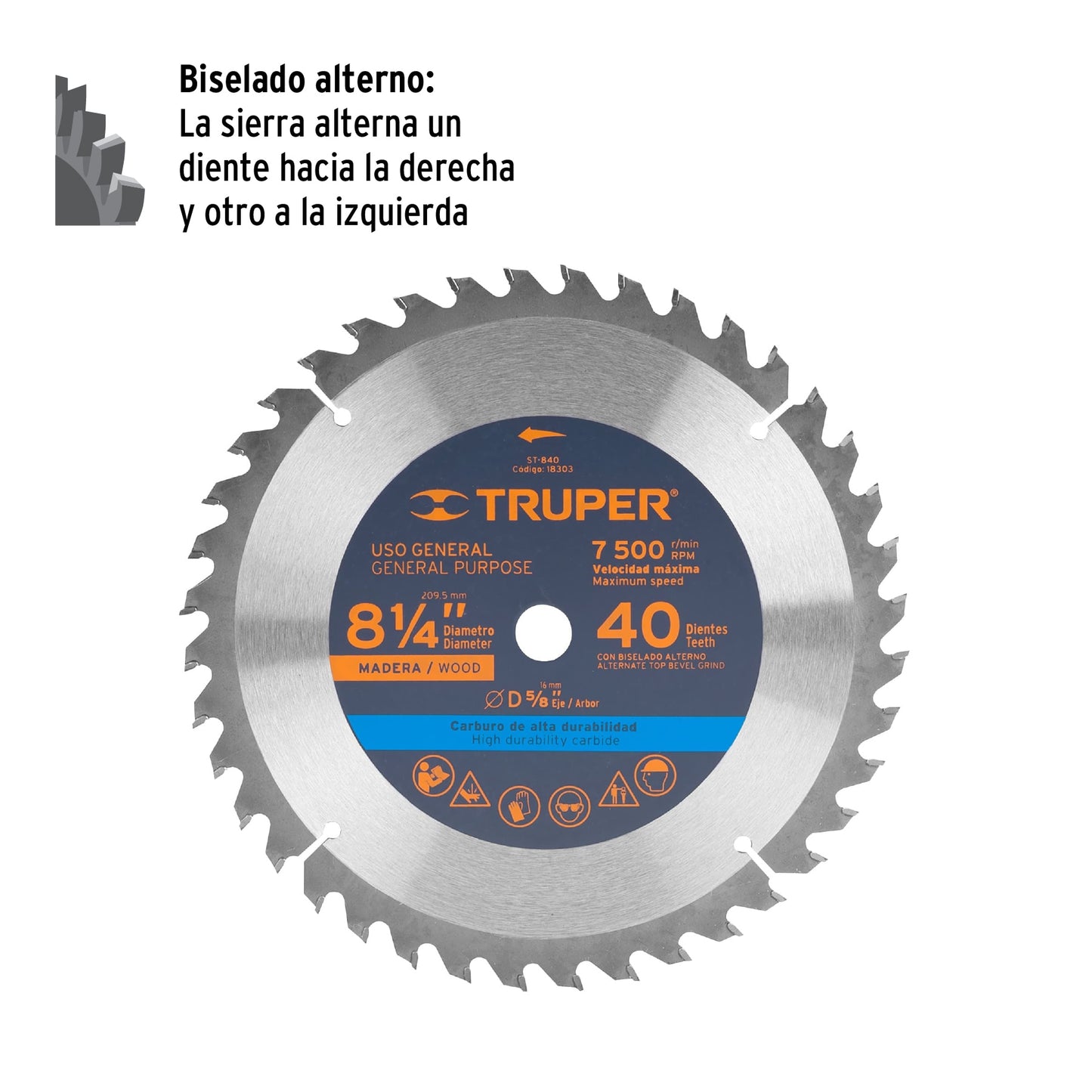 Disco de sierra de 8 1/4 pulgadas con 40 dientes de carburo y centro de 5/8 pulgadas