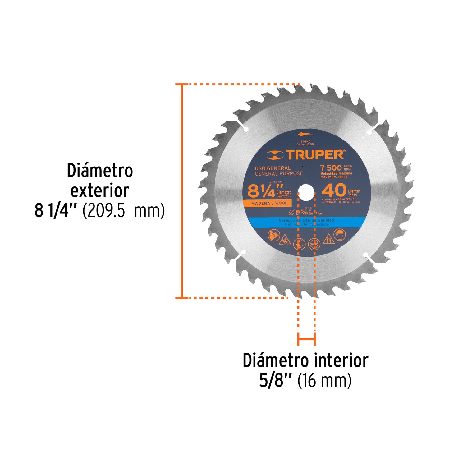 Disco de sierra de 8 1/4 pulgadas con 40 dientes de carburo y centro de 5/8 pulgadas