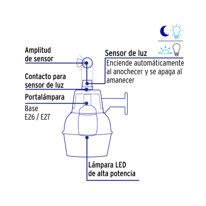 Luminario suburbano con foco LED de 50 W y sensor de luz