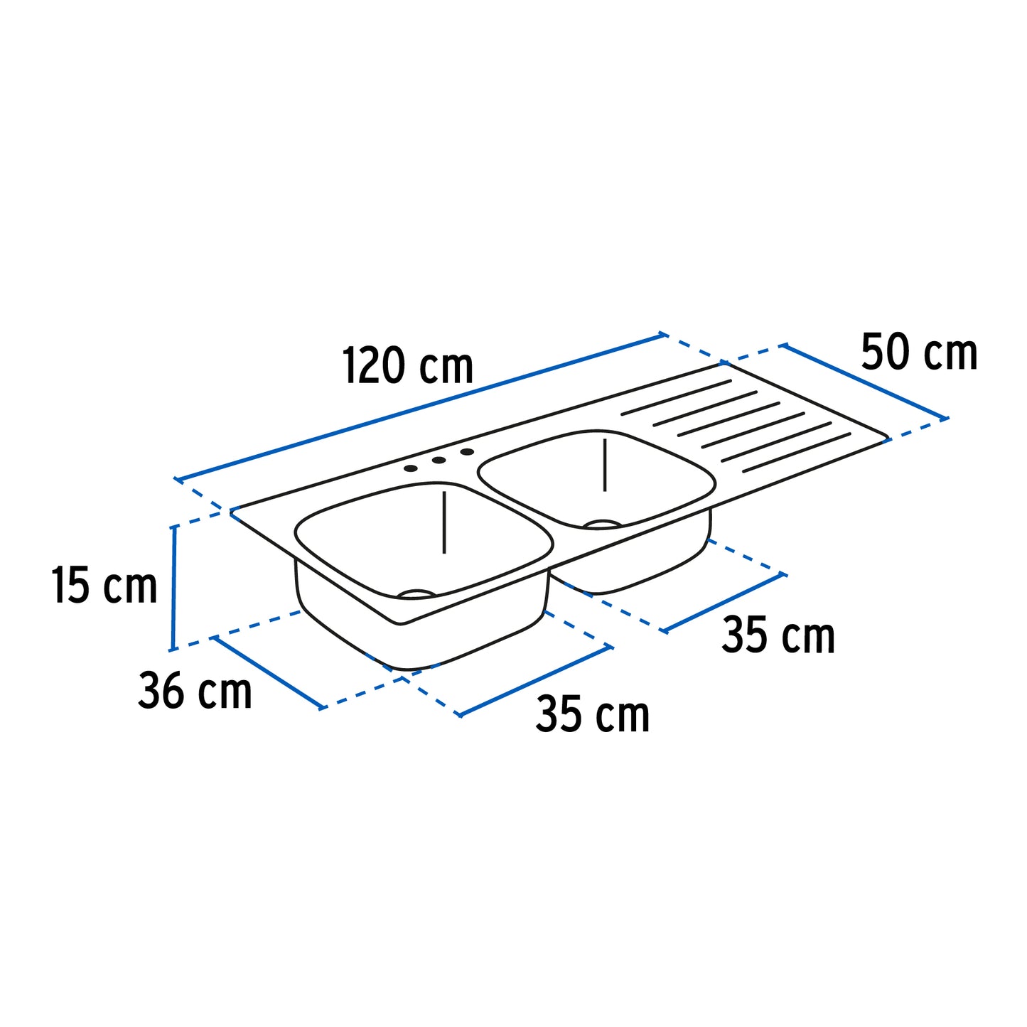 Tarja de empotrar de 120x50 cm con doble tina izquierda y acabado satín