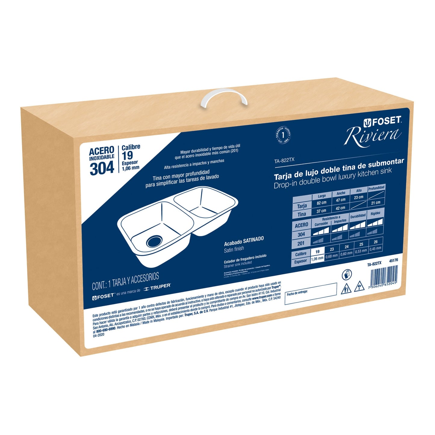 Tarja de submontar de 82x47x23 cm con doble tina y acabado satín