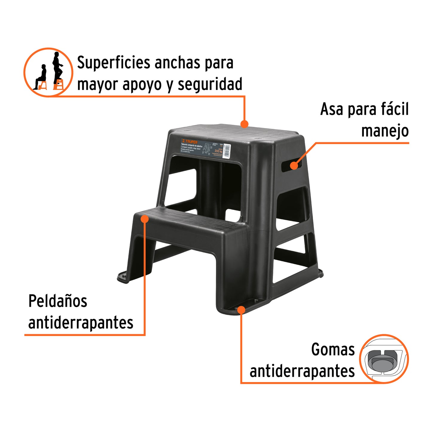 Taburete de 2 peldaños con capacidad de 200 kg y diseño antiderrapante