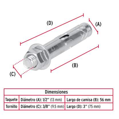 4 Taquetes Expansivos 3/8 pulg con Tornillo