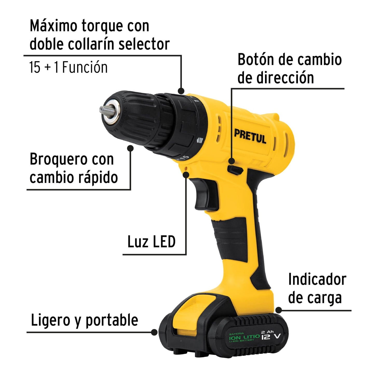 Kit de taladro inalámbrico de 3/8 in con batería 12 V y 33 accesorios