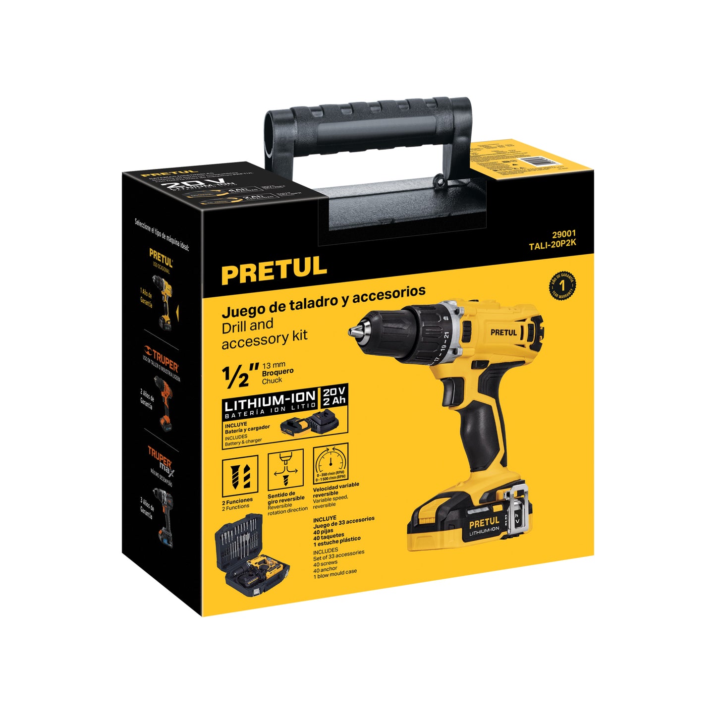 Kit de taladro inalámbrico de 1/2 in con batería 20 V y 32 accesorios