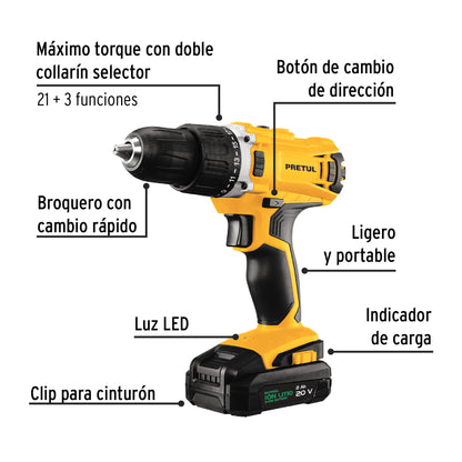 Kit de taladro inalámbrico de 1/2 in con batería 20 V y 32 accesorios
