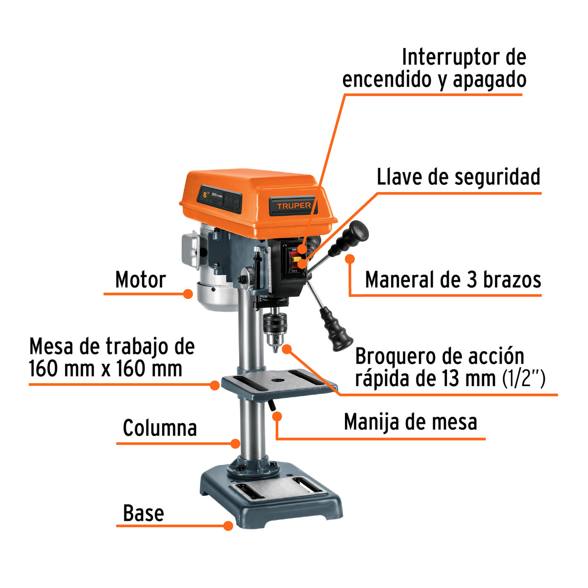 Taladro de banco 8 pulg 1/3 HP 1/2 pulg - SKU 16174