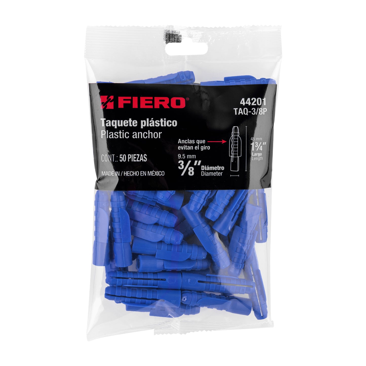 50 Taquetes de Plástico 3/8 pulg