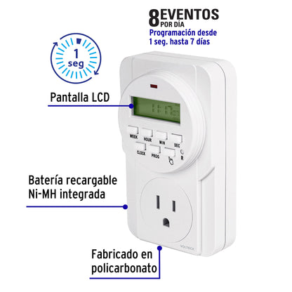 Temporizador digital de 8 eventos de 125 V con pantalla LCD