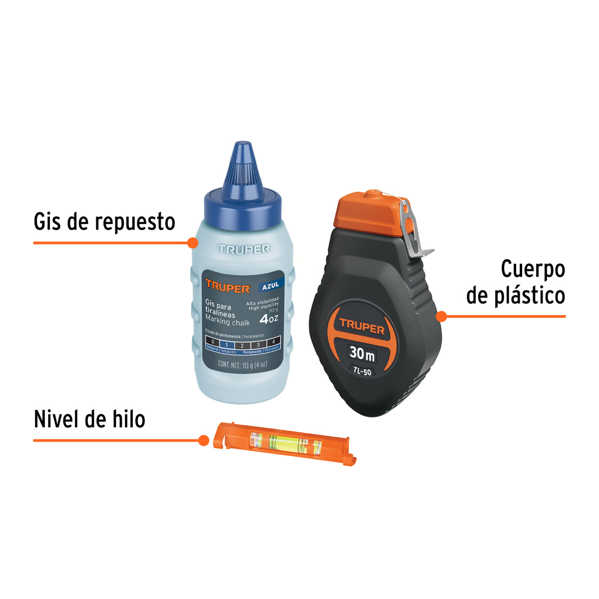 Tiralíneas con gis y nivel 30 metros