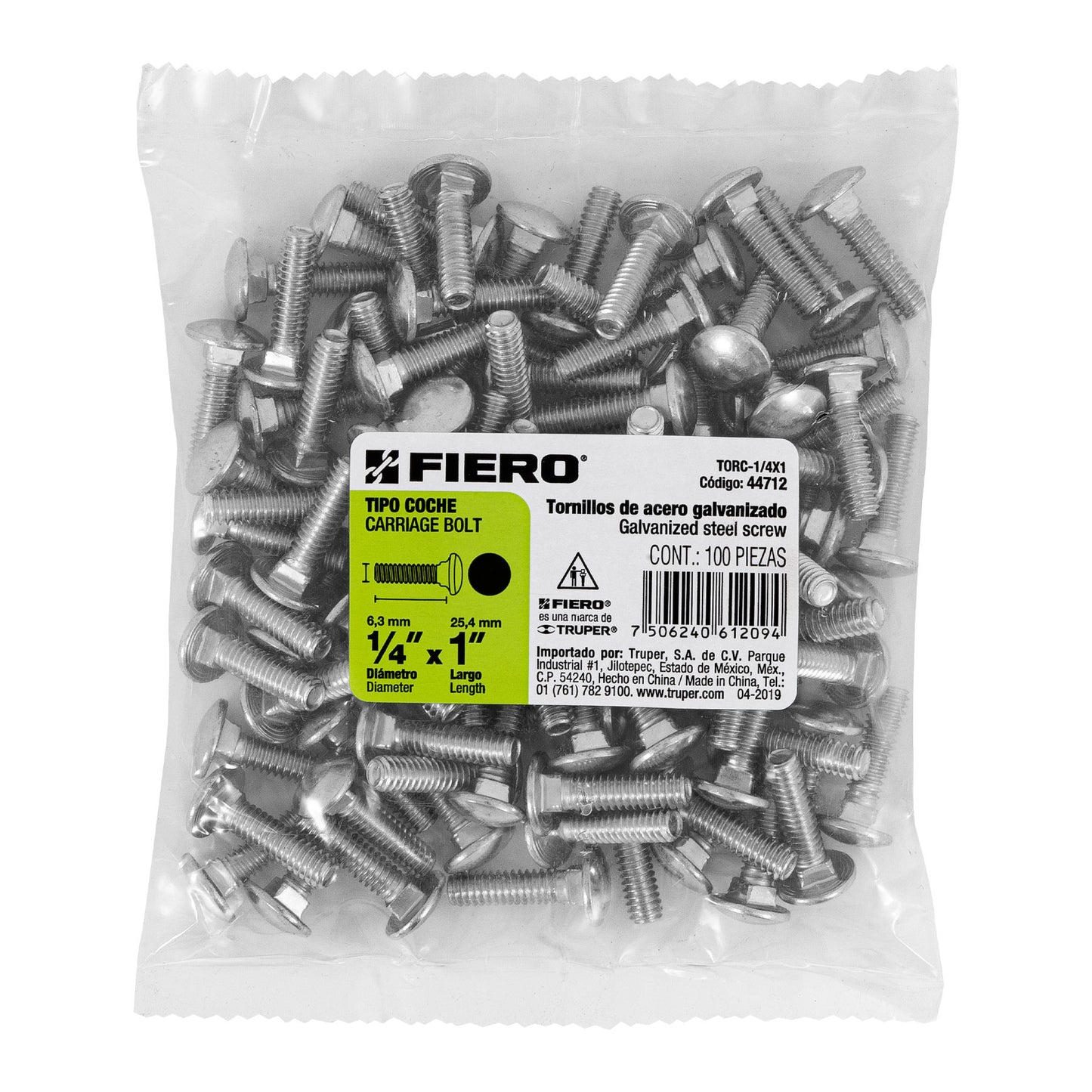 Tornillo coche galvanizado 1/4 x 1 pulg