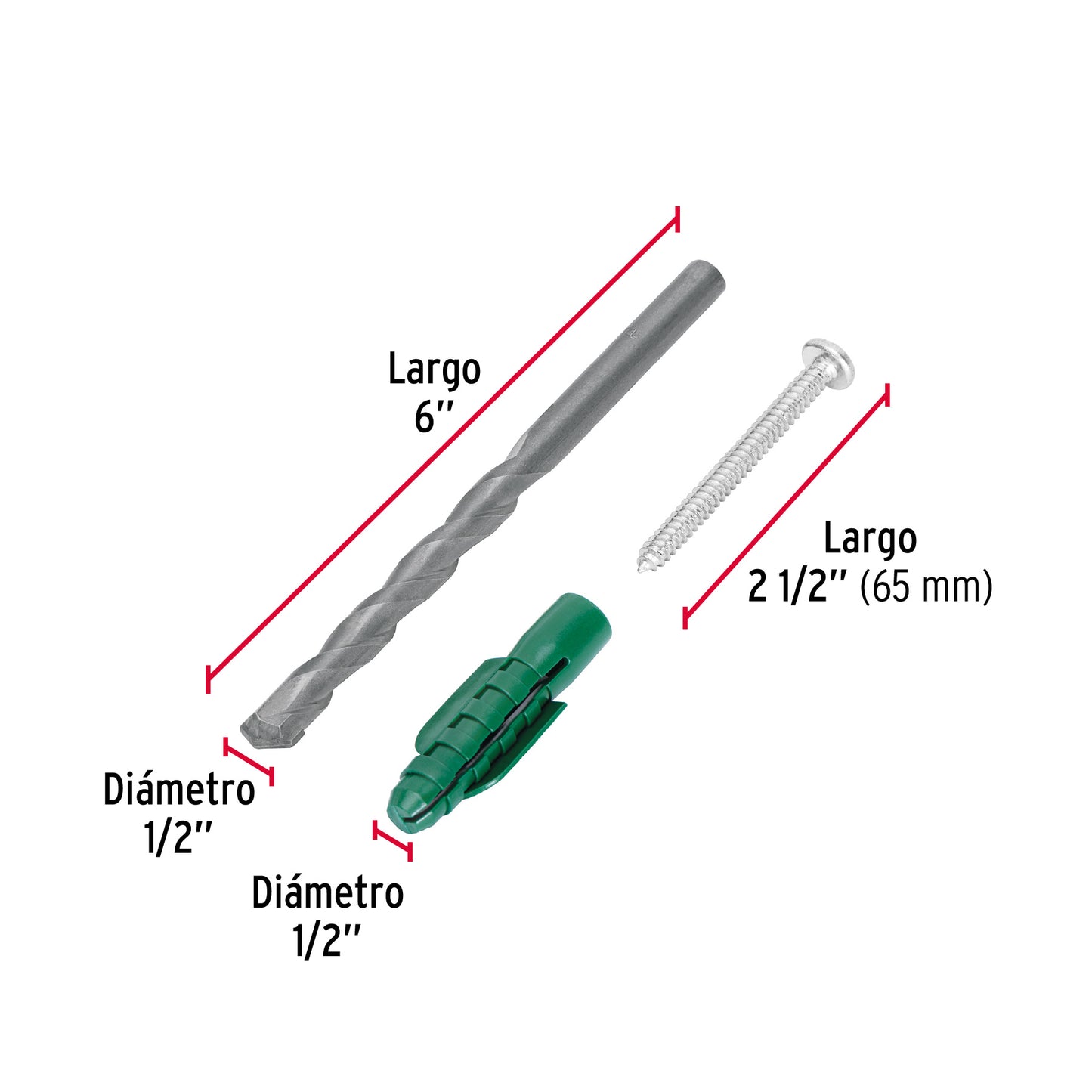 Kit Taquetes 1/2 pulg Tornillos y Broca
