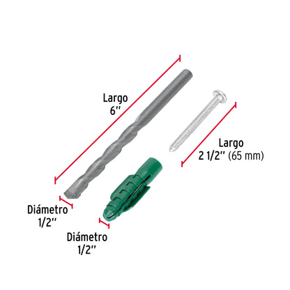 Kit Taquetes 1/2 pulg Tornillos y Broca