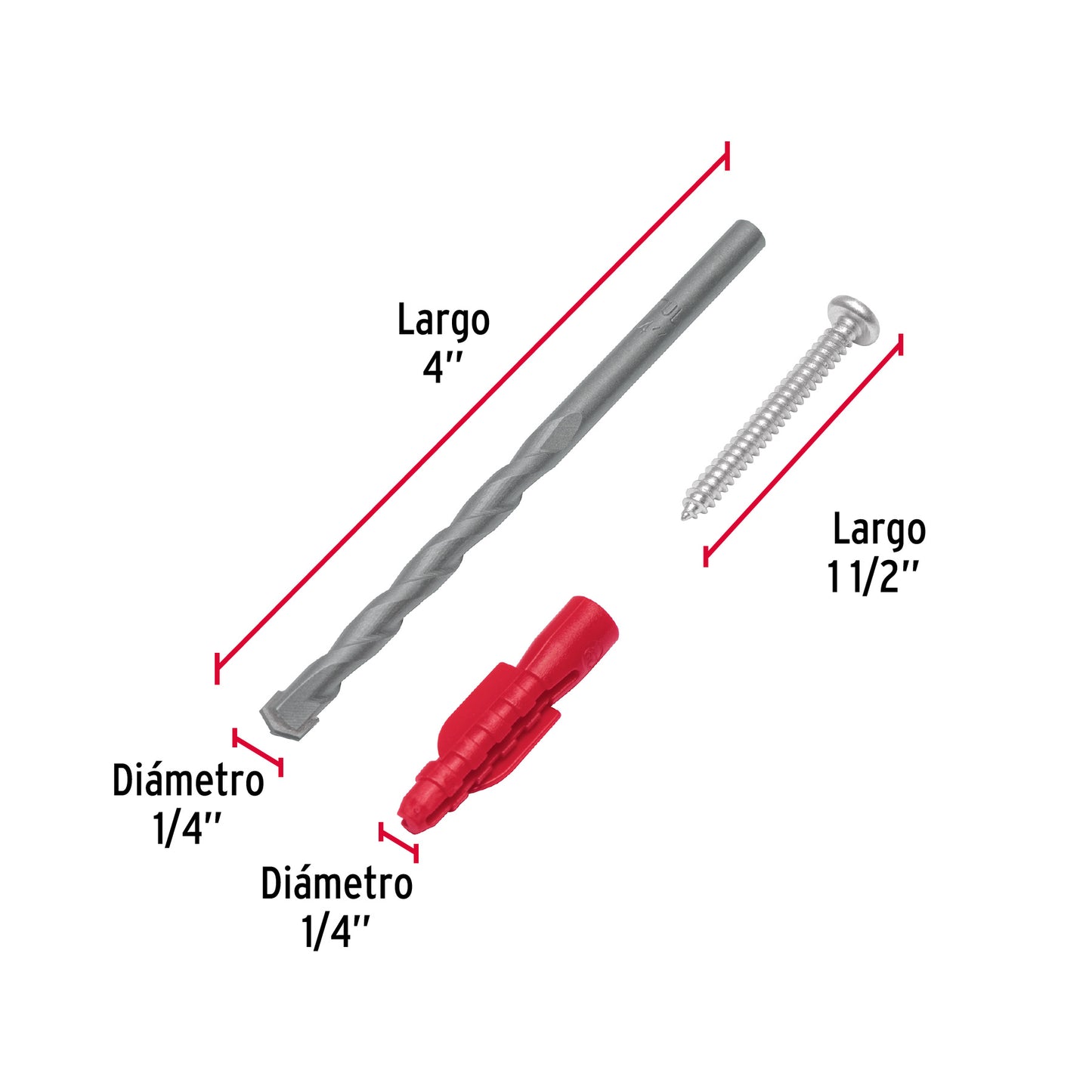 Kit Taquetes 1/4 pulg Tornillos y Broca