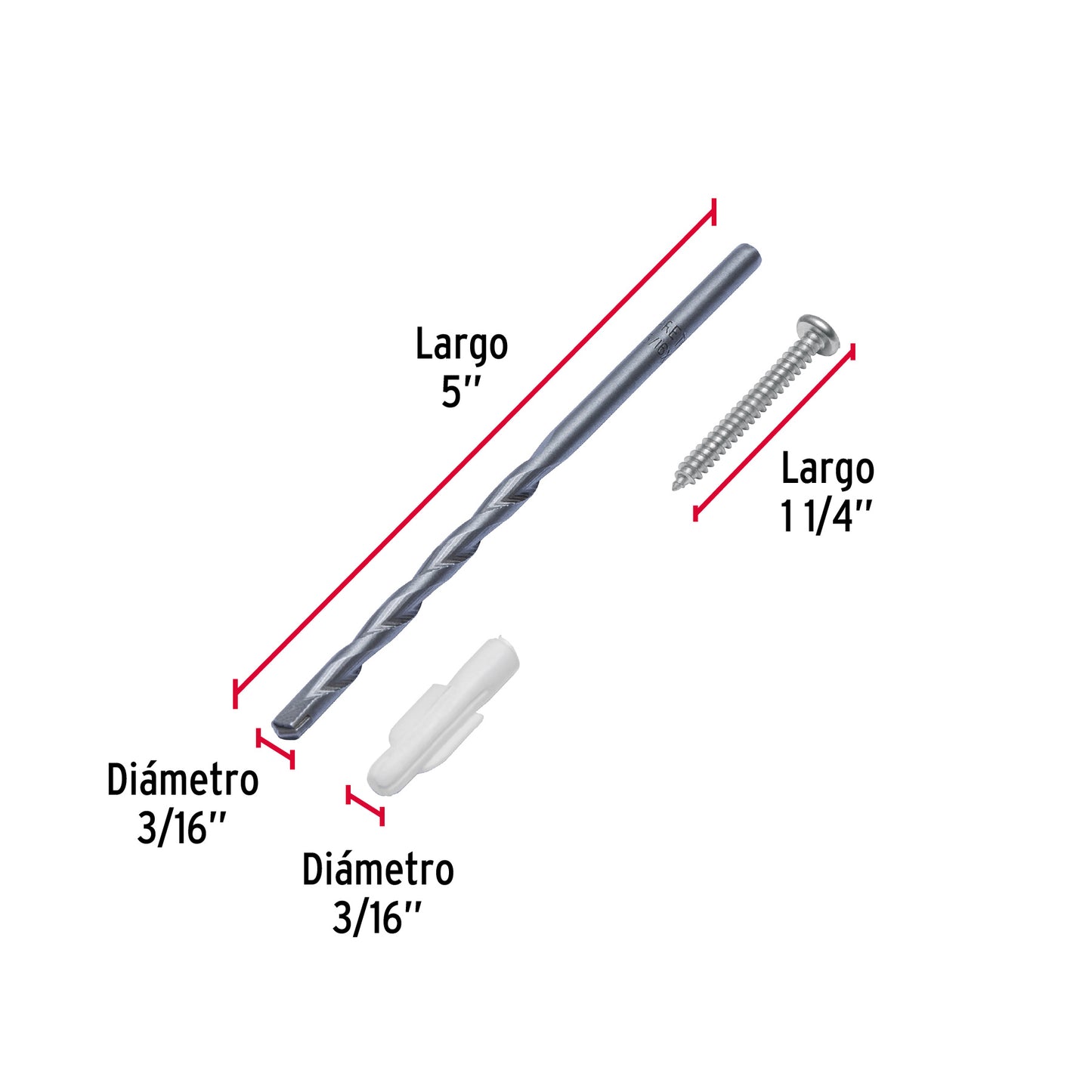 Kit Taquetes 3/16 pulg Tornillos y Broca