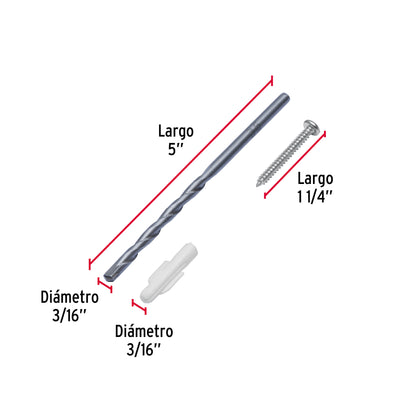 Kit Taquetes 3/16 pulg Tornillos y Broca