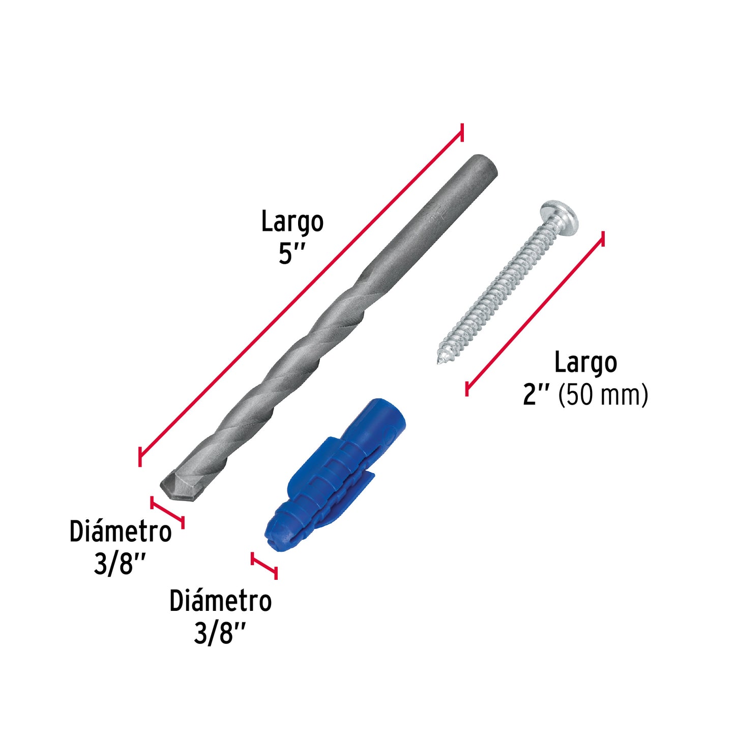 Kit Taquetes 3/8 pulg Tornillos y Broca