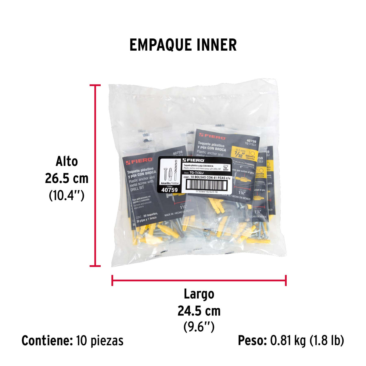 Kit de 20 taquetes 7/32" con pijas #8 y 1 broca 1/4" · vista 4