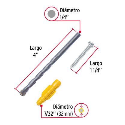 Kit de 20 taquetes 7/32" con pijas #8 y 1 broca 1/4" · vista 3