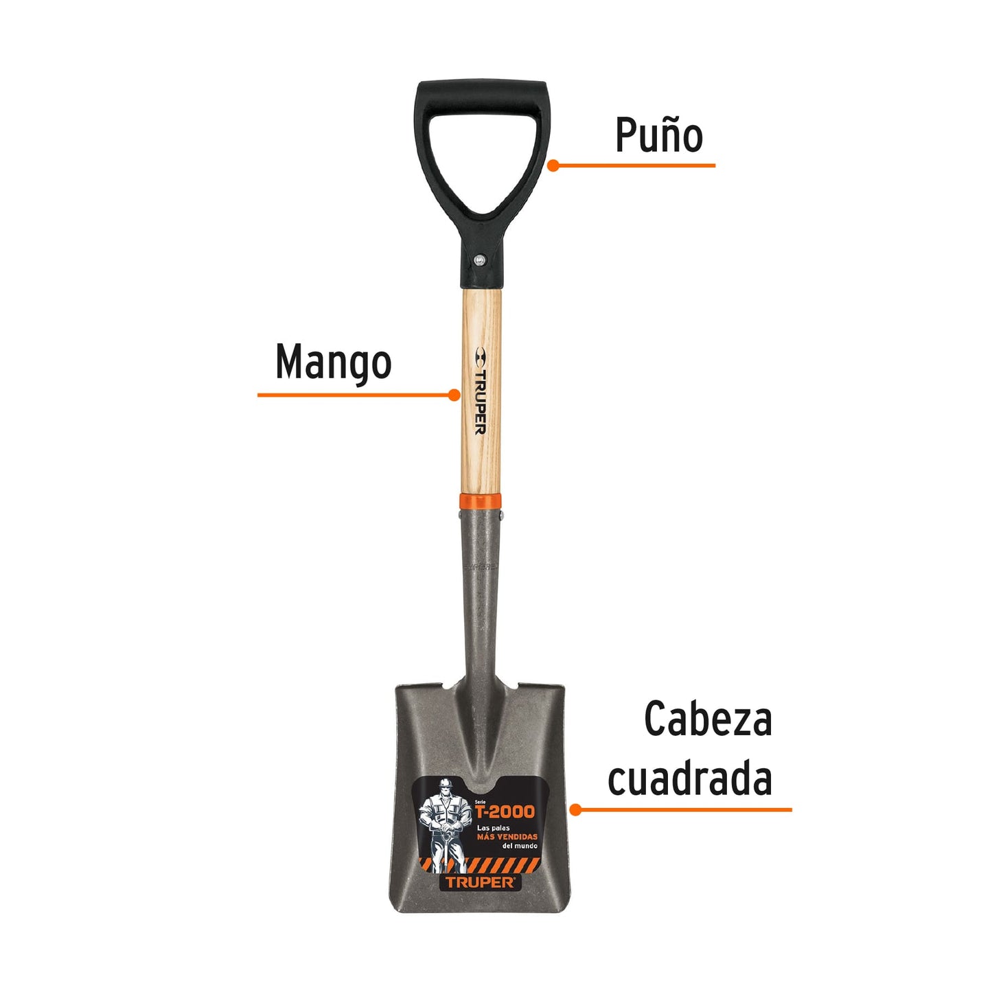 Pala cajuelera cuadrada con puño D y mango de madera