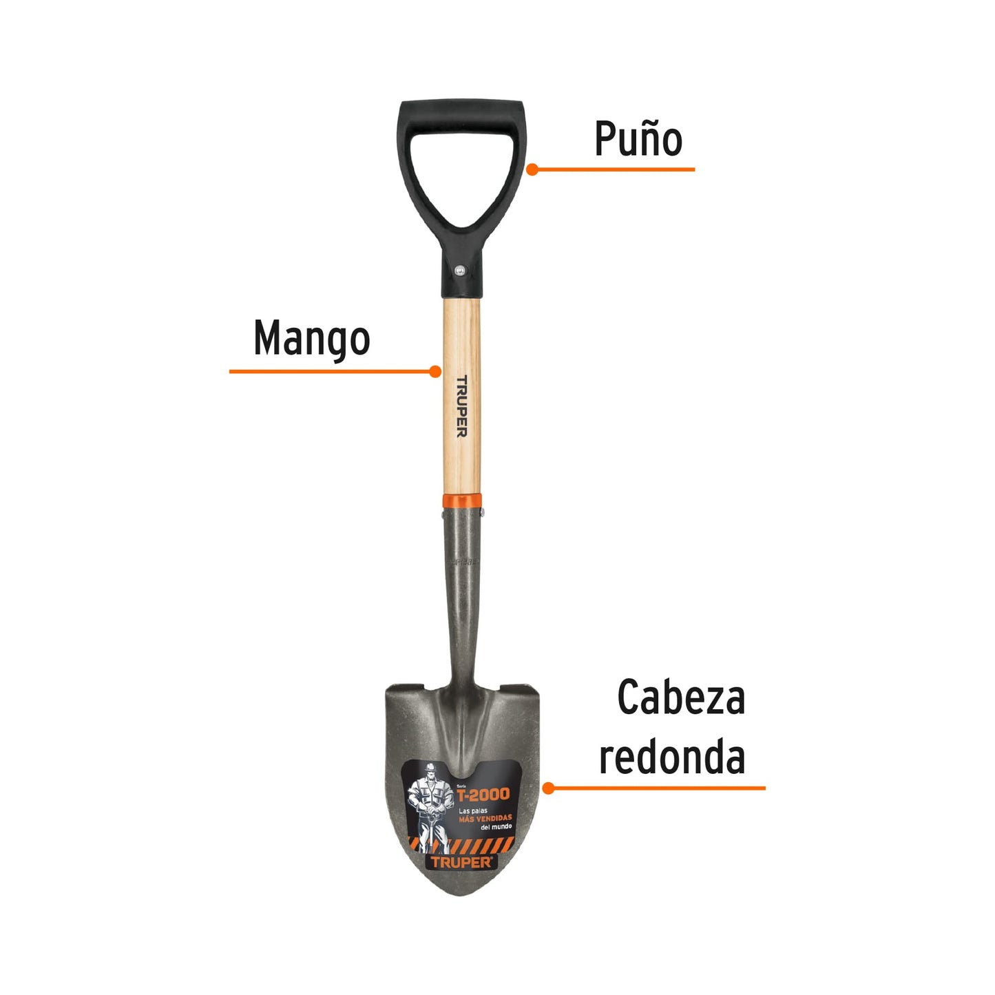 Pala cajuelera redonda con puño D y mango de madera
