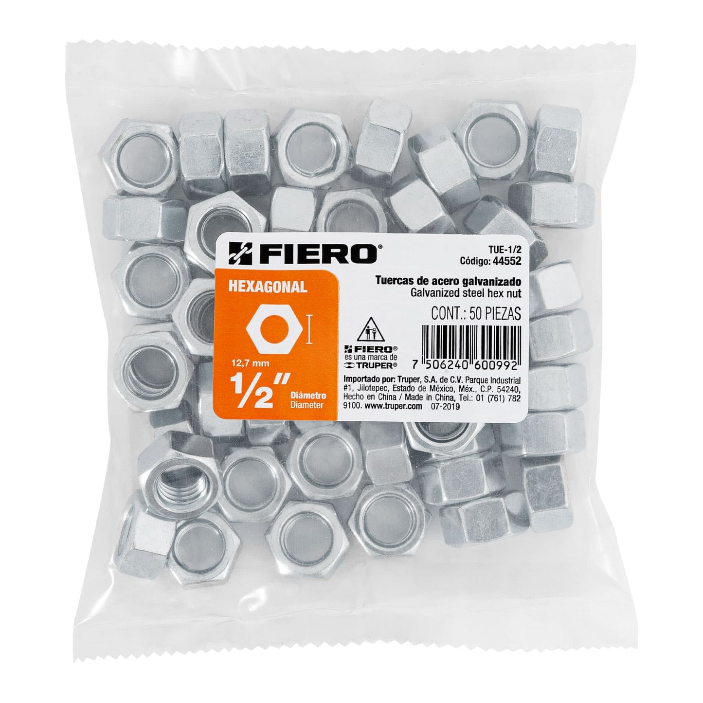 Tuerca hexagonal galvanizada 1/2 pulg